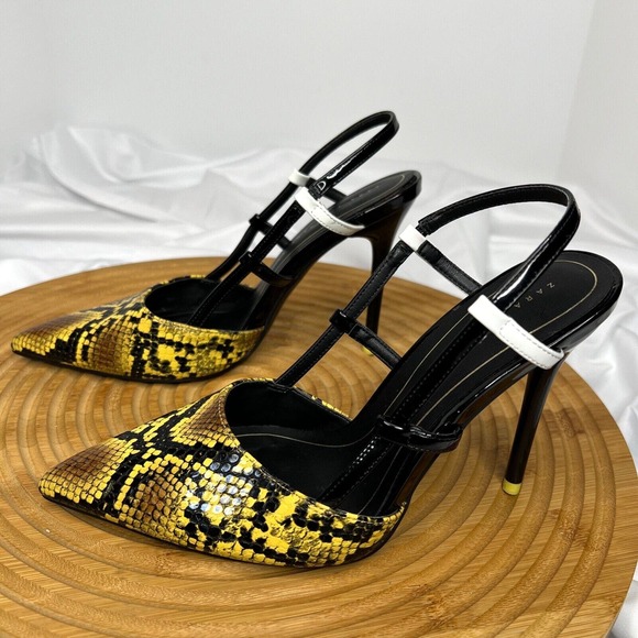 Zara Women’s Snake Print heeled sandals Pointed Toe Black/ Yellow Size 36 . - Picture 3 of 8